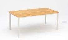 A rectangular outdoor dining table with a white top and light-colored metal legs is shown against a plain white background.