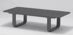 A low, square coffee table with a light wood slatted top and dark gray U-shaped metal legs.