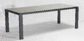 A rectangular outdoor dining table with a light-colored top and dark-colored legs is shown against a plain white background.