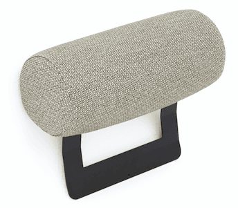 A square, light-colored outdoor cushion with a textured fabric is shown from a slightly elevated angle.