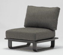 A modern outdoor two-seater sofa with dark gray cushions and a black frame, featuring a small side table integrated on the left.