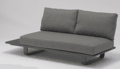 A corner outdoor lounge chair with dark grey cushions and a wooden base on a black metal frame is shown against a plain background.