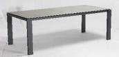 A rectangular outdoor dining table with a gray top and dark gray legs is shown against a plain background.