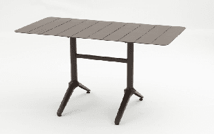 A light green rectangular outdoor dining table with a planter box attached to one end.