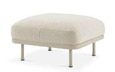 A light beige two-seater sofa with a textured fabric and a metal frame, featuring a single armrest on the right side and two matching throw pillows.