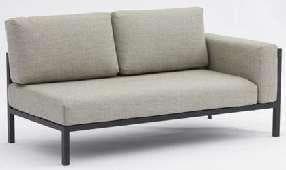 A two-seater outdoor sofa with light grey cushions and a dark grey metal frame is shown from a slightly elevated front angle.