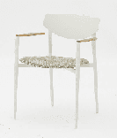 A modern dining chair with a dark gray backrest and frame, light wood armrests, and a light wood seat.