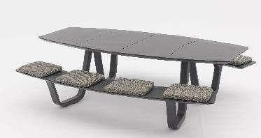 A white outdoor picnic table with two attached benches is shown against a plain white background.