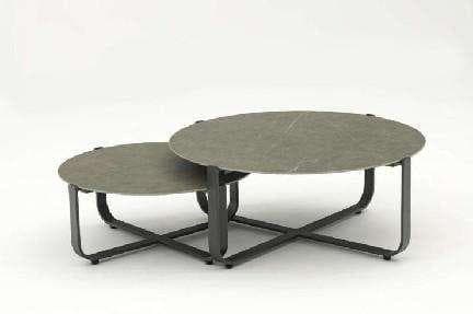 Two round nesting coffee tables with gray tops and dark gray metal bases are shown on a white background.