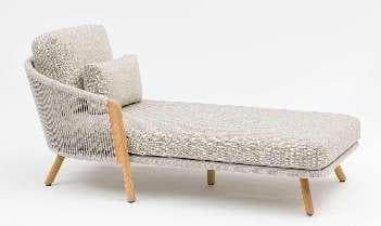A modern outdoor armchair with a light grey woven rope base and back, light wooden armrests, and light grey upholstered cushions.