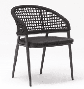 A modern outdoor bar stool features a light grey woven backrest and seat cushion, supported by a white metal frame with integrated footrests.