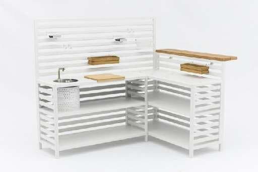 A white, three-tiered rolling cart with slatted sides and a small, removable bin on the top shelf.