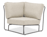 A modern armless outdoor lounge chair with a light beige cushion and a dark grey metal frame.