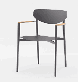 A rectangular outdoor dining table with a light-colored top and four slender, angled legs.
