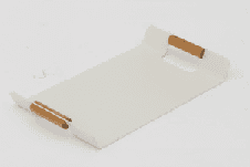 A rectangular serving tray with a reddish-brown finish and light wooden handles on either side is shown on a white background.