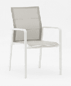 A modern outdoor dining chair with a dark grey mesh seat and back, black metal frame, and light brown wooden armrests.