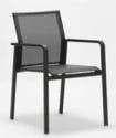 A dark gray bar stool with a mesh back and seat, featuring armrests and a footrest, is presented against a plain light background.