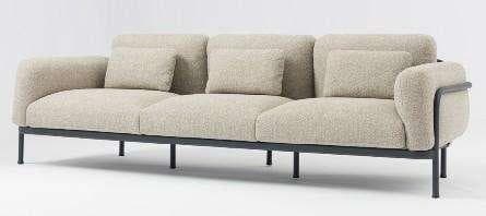 A light-colored, rectangular outdoor ottoman with a textured cushion and a simple, light-toned metal frame with four legs.