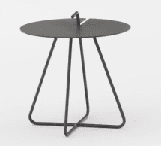 A round wooden side table with a slatted top and black metal tripod legs, featuring a handle-like extension from the top.
