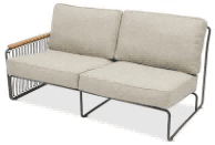 A modern outdoor corner chair with a light beige cushion and backrest, supported by a dark grey metal frame.