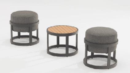 A collection of five small, round stools with dark frames and textured, cushioned tops, arranged on a white background.