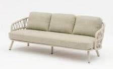 A light-colored two-seater outdoor sofa with woven armrests and back, featuring two seat cushions and two back cushions.