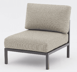 A rectangular outdoor dining table with a light gray top and dark gray legs is shown from an elevated angle.