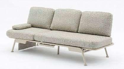 A dark gray outdoor chaise lounge with an adjustable backrest and wheels on the back legs is positioned on a light gray background.