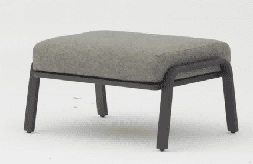 A modern outdoor sofa with a dark gray metal frame, three gray fabric cushions, and light wood armrest accents is shown against a plain white background.