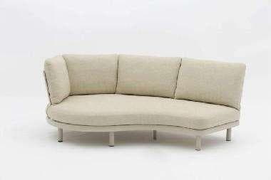 A two-seater outdoor sofa with light-colored cushions and a small, round wooden side table attached to one end, all on a light background.