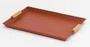 A rectangular serving tray with a reddish-brown surface and light wooden handles on either end is presented on a white background.