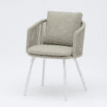 A modern outdoor armchair with a dark woven frame and comfortable grey cushions is presented against a plain white background.