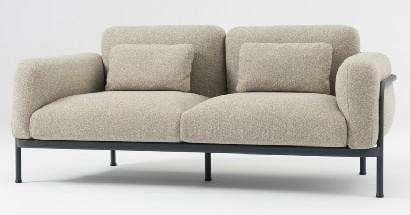 A modern three-seater sofa with a light beige textured fabric upholstery and a dark grey metal frame, featuring three seat cushions and three back cushions.