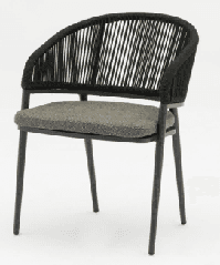 A dark grey outdoor dining chair with a woven backrest and seat cushion is presented on a white background.