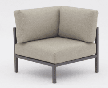 A modern outdoor armchair with a light grey fabric cushion and a dark grey metal frame is shown against a plain white background.