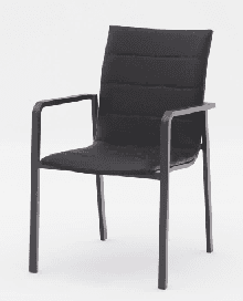 A black outdoor dining chair with a dark gray metal frame and light brown wooden armrests is shown against a plain white background.